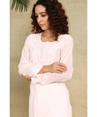 Peach chikankari georgette kurti with white thread work 6