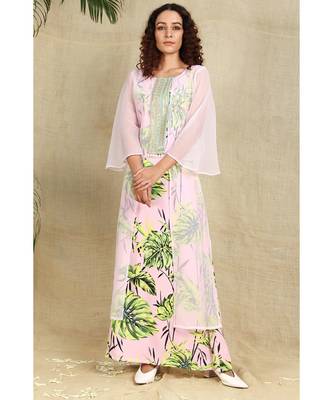 Pink georgette shrug with creap floral gown 1