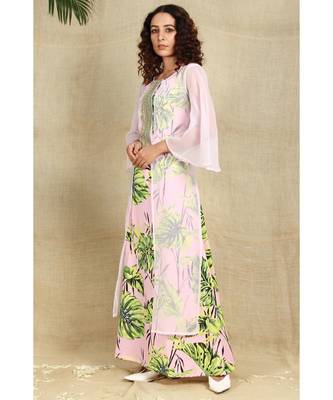 Pink georgette shrug with creap floral gown 4