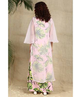 Pink georgette shrug with creap floral gown 5