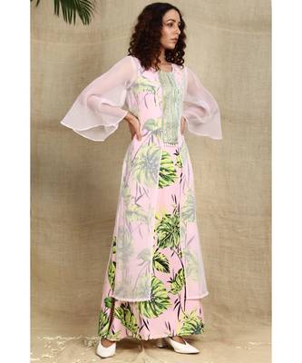 Pink georgette shrug with creap floral gown 6