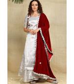 Red velvet duppatta with beautiful laces all over and pillow tassels