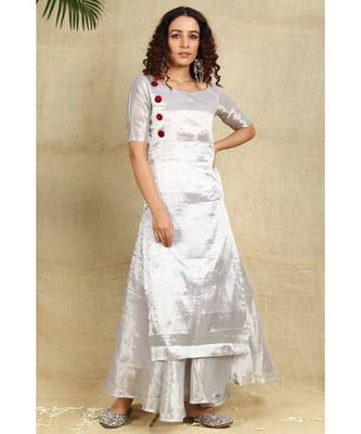 Silver cotton tissue kurti and flared palazzo emblished with red velvet buttons lining all over 1