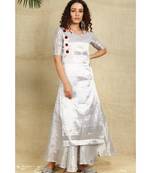 Silver cotton tissue kurti and flared palazzo emblished with red velvet buttons lining all over