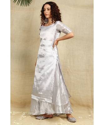 Silver cotton tissue kurti and flared palazzo emblished with red velvet buttons lining all over 5