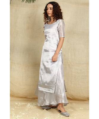 Silver cotton tissue kurti and flared palazzo emblished with red velvet buttons lining all over 6