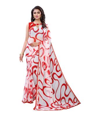 White printed chiffon saree with blouse 1