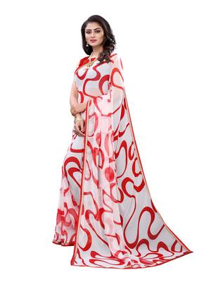 White printed chiffon saree with blouse 2