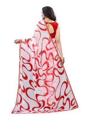 White printed chiffon saree with blouse 3