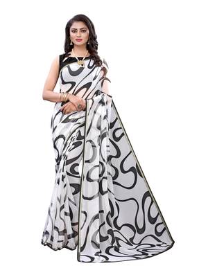 White printed chiffon saree with blouse 1