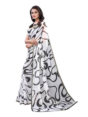 White printed chiffon saree with blouse 2