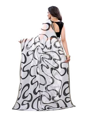 White printed chiffon saree with blouse 3