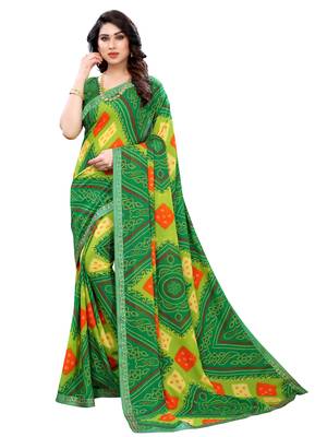 Green printed georgette saree with blouse 1