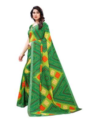 Green printed georgette saree with blouse 2