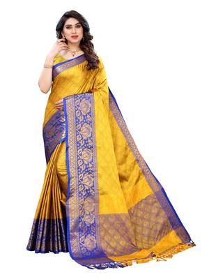 Yellow woven poly silk saree with blouse 1