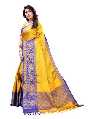 Yellow woven poly silk saree with blouse 2