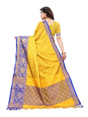 Yellow woven poly silk saree with blouse 3