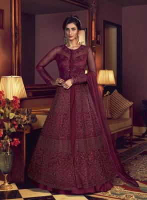 Wine embroidered net salwar 1