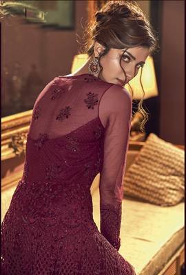 Wine embroidered net salwar 2