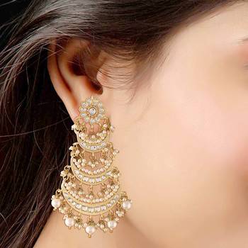 High Matt Finish Long 3 Layered Beaded Chandbali Earrings with Kundan & Pearl Work for Women  2