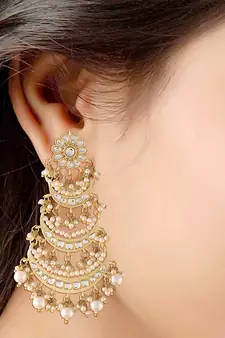 High Matt Finish Long 3 Layered Beaded Chandbali Earrings with Kundan & Pearl Work for Women 
