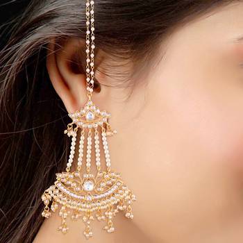 Gold Plated Kundan & Pearl Earrings with Chain for Women  2