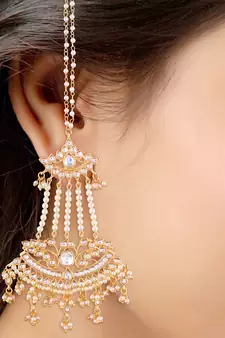 Gold Plated Kundan & Pearl Earrings with Chain for Women 