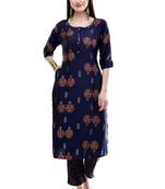 Women Straight Printed Muslin Kurta With Pant(Blue)