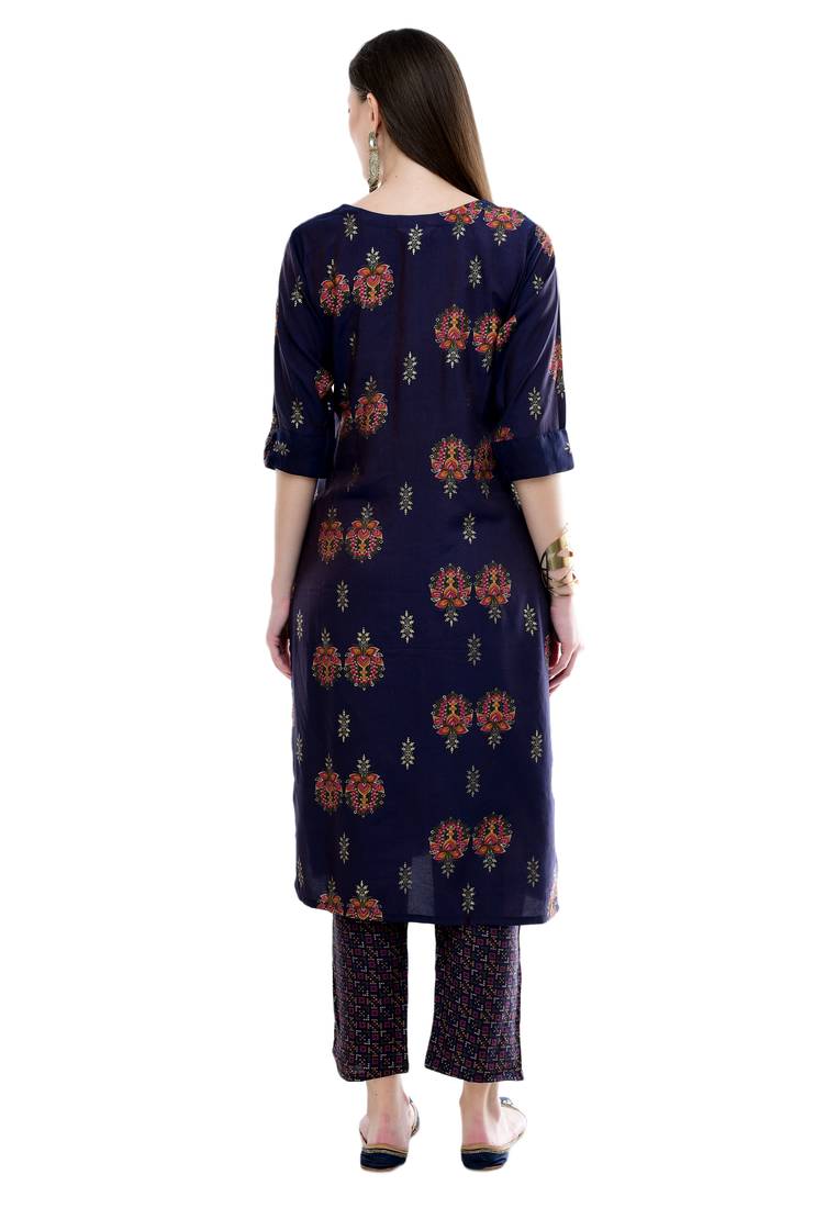 Women Straight Printed Muslin Kurta With Pant(Blue)