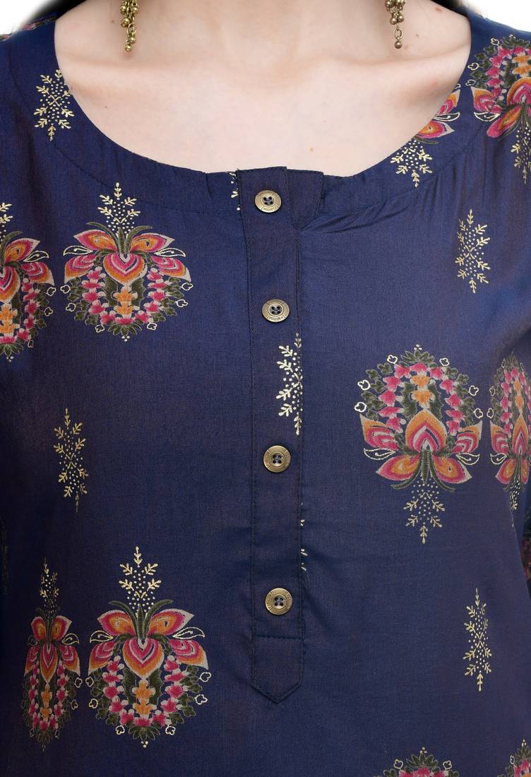 Women Straight Printed Muslin Kurta With Pant(Blue)