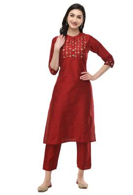 Women Straight Embroidery Silk Kurta With Solid Silk Pant(Maroon) 1