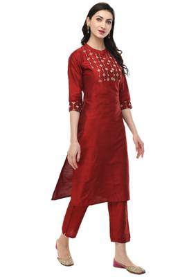 Women Straight Embroidery Silk Kurta With Solid Silk Pant(Maroon) 3