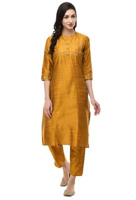 Women Straight Embroidery Silk Kurta With Solid Pant(Mustard) 1