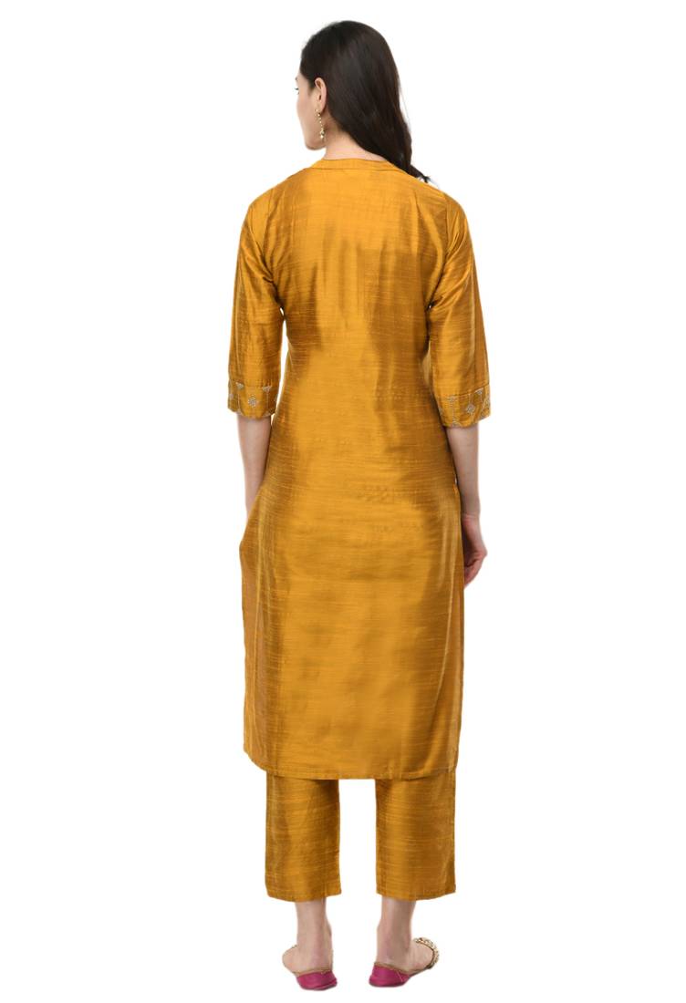 Women Straight Embroidery Silk Kurta With Solid Pant(Mustard)