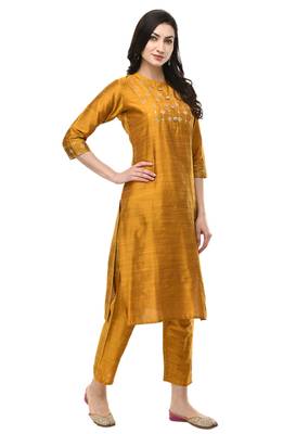 Women Straight Embroidery Silk Kurta With Solid Pant(Mustard) 3