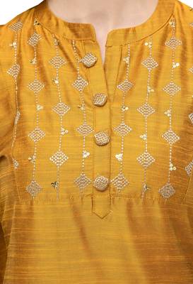 Women Straight Embroidery Silk Kurta With Solid Pant(Mustard) 4