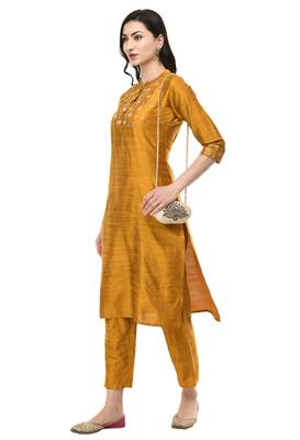 Women Straight Embroidery Silk Kurta With Solid Pant(Mustard) 5