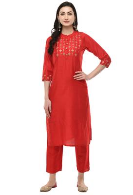 Women Straight Embroidery Silk Kurta With Solid Pant(Red) 1