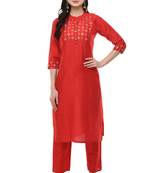 Women Straight Embroidery Silk Kurta With Solid Pant(Red)