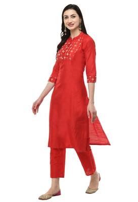 Women Straight Embroidery Silk Kurta With Solid Pant(Red) 5