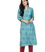 Women Straight Printed Muslin Kurta With Pant(Sky Blue)