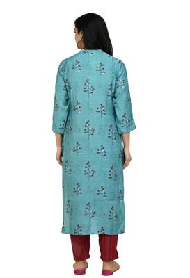 Women Straight Printed Muslin Kurta With Pant(Sky Blue) 2
