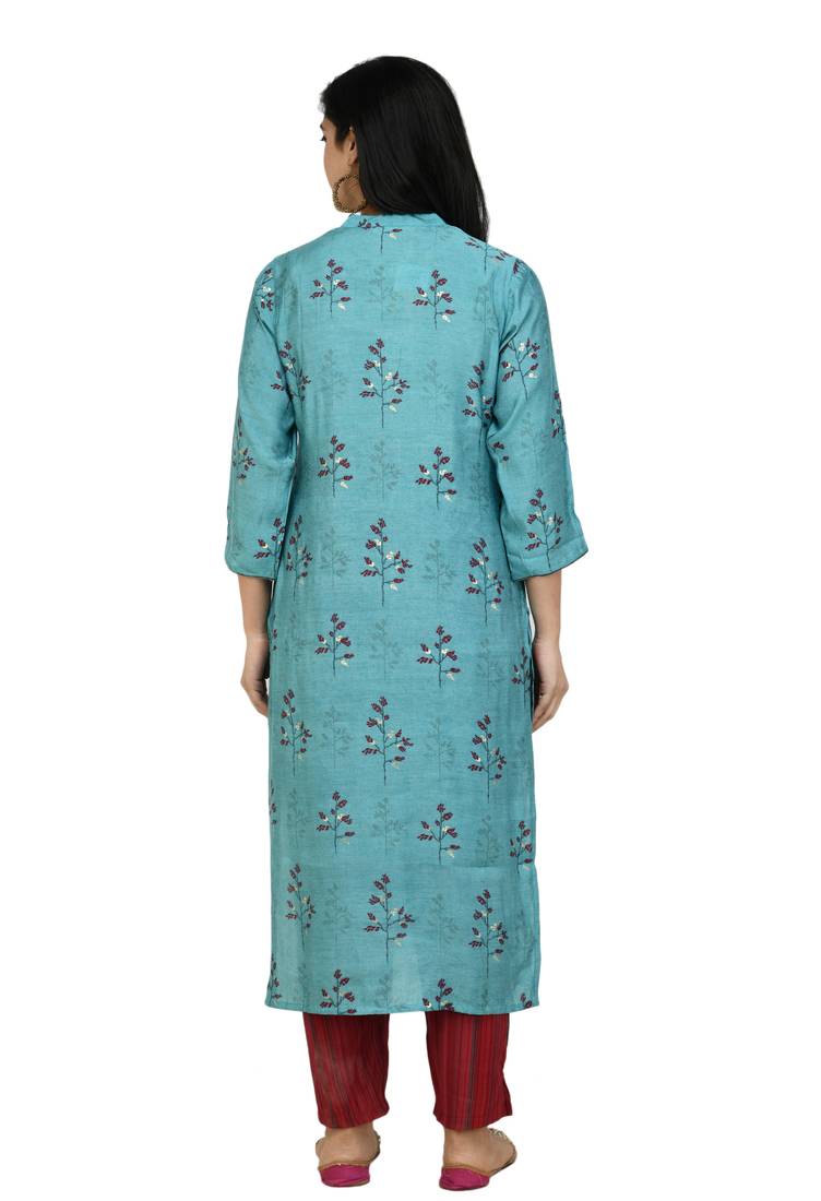 Women Straight Printed Muslin Kurta With Pant(Sky Blue)