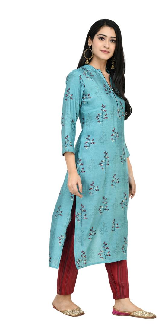 Women Straight Printed Muslin Kurta With Pant(Sky Blue)