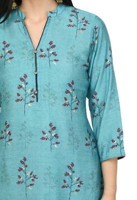Women Straight Printed Muslin Kurta With Pant(Sky Blue) 4
