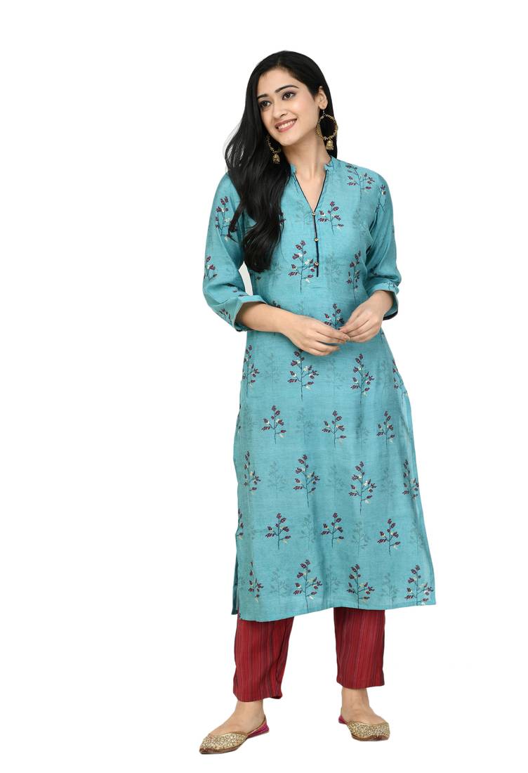 Women Straight Printed Muslin Kurta With Pant(Sky Blue)