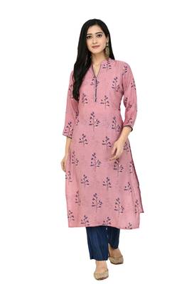 Women Straight Printed Muslin Kurta With Pant(Pink) 1