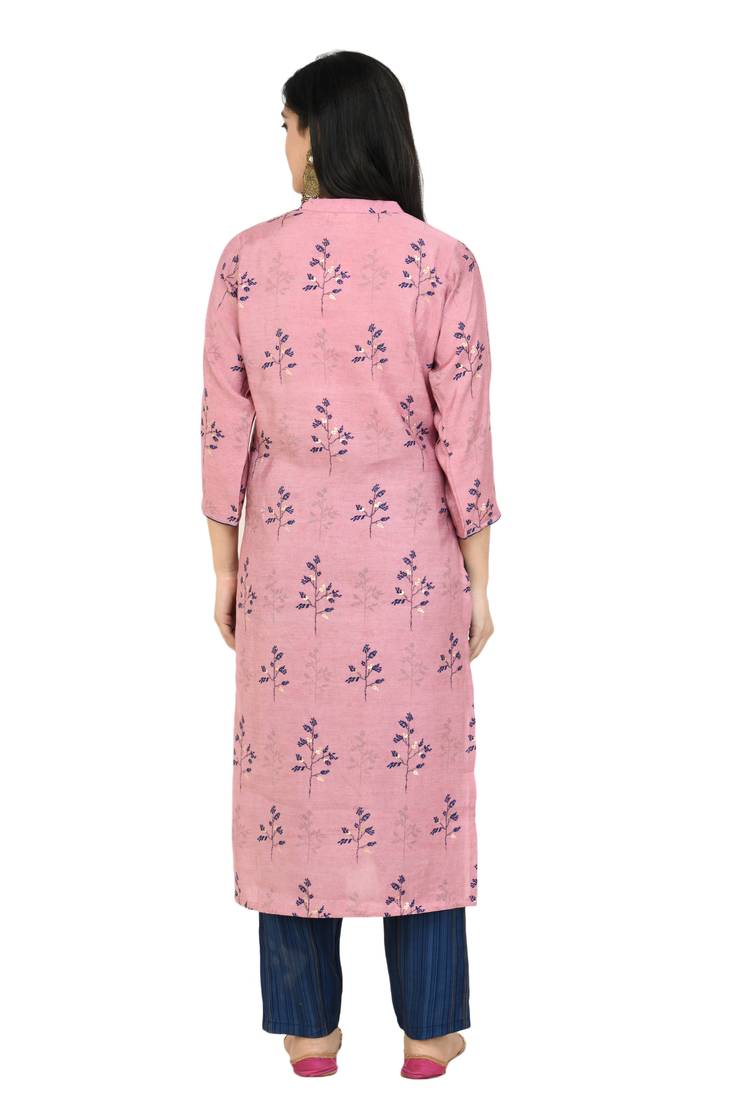 Women Straight Printed Muslin Kurta With Pant(Pink)