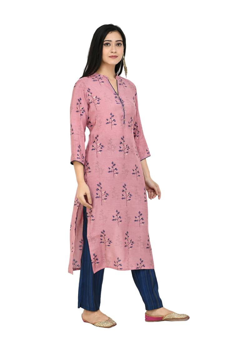 Women Straight Printed Muslin Kurta With Pant(Pink)