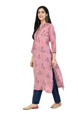 Women Straight Printed Muslin Kurta With Pant(Pink) 5